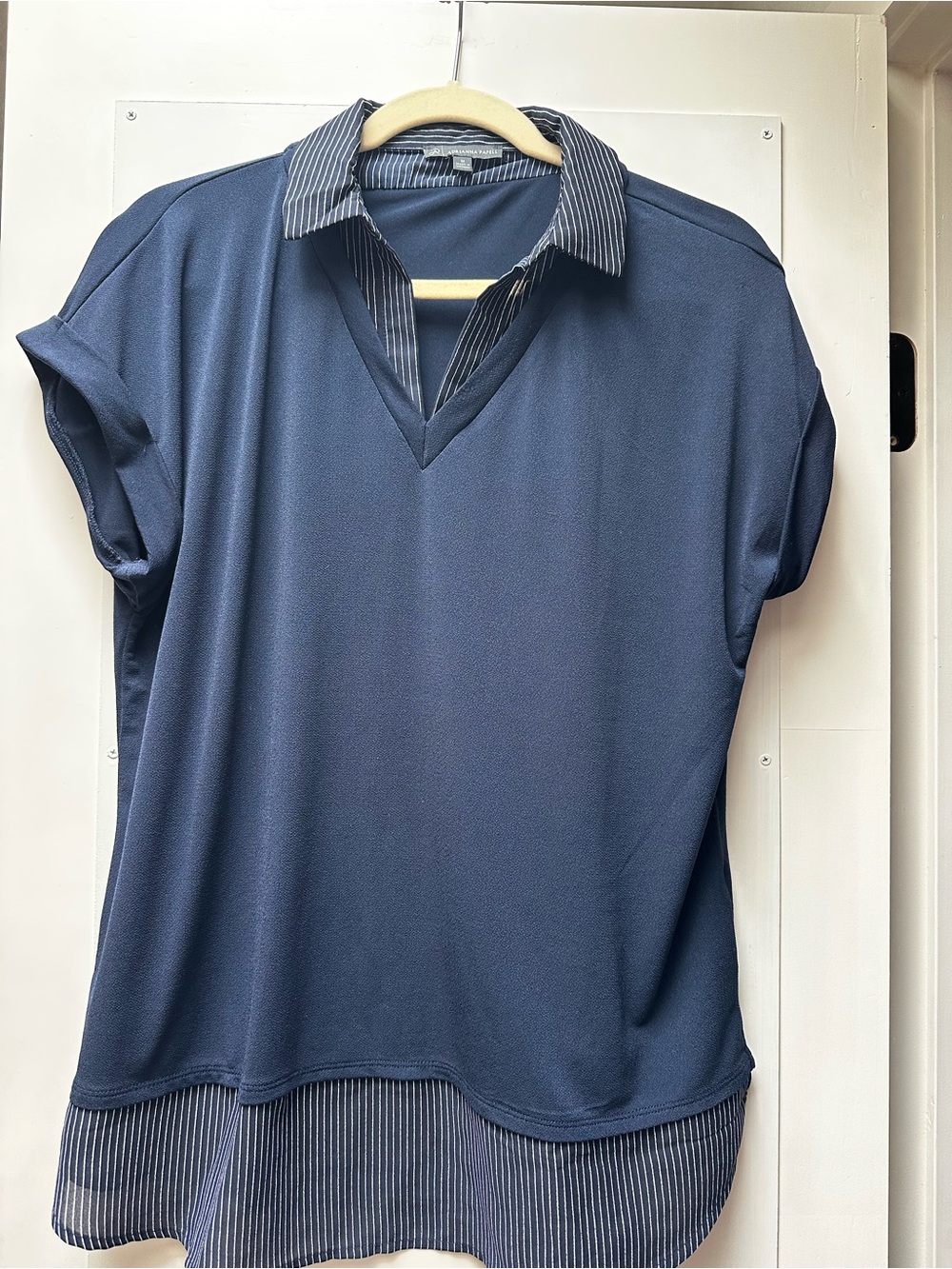 Adrianna Papell Navy Striped Collar Blouse